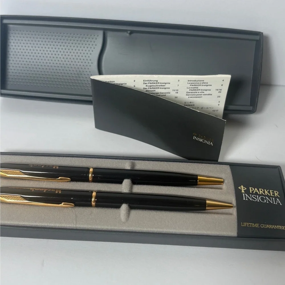 Parker Insignia Black Gold Trim Pen and Pencil Set Hardees Logo Vintage USA Made